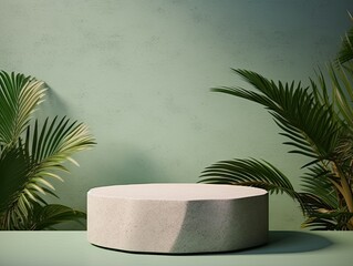 Rounded flat stone podium in front of solid blue color background with plants surrounding it 