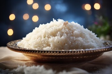 a delicious dish of basmati rice served on a metalic plate in an indian restaurant - obrazy, fototapety, plakaty