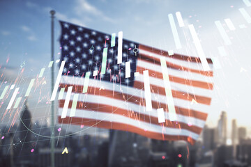 Multi exposure of virtual abstract financial diagram on US flag and city background, banking and accounting concept