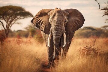 an adult elephant in african savannah walking towards the camera 