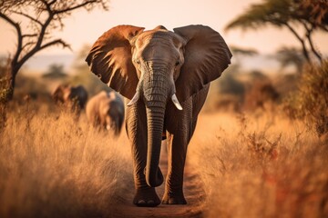 an adult elephant in african savannah walking towards the camera  - obrazy, fototapety, plakaty