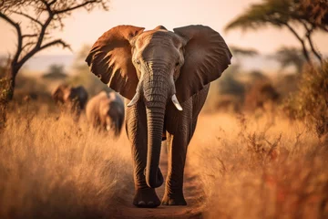 Foto op Aluminium an adult elephant in african savannah walking towards the camera  © urdialex