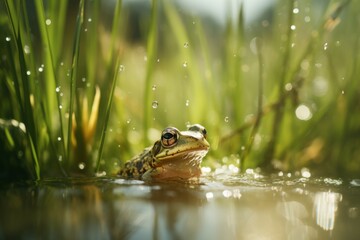 Obraz premium small green frog on a pond in spring