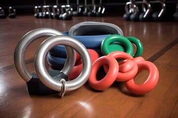 fitness, rings and weights in a gym for training or health exercise fitness together