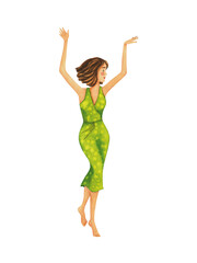 Obraz premium Beautiful girl with brown hair in a green dress dancing. Romantic cartoon character. Hand drawn watercolour illustration isolated on white.