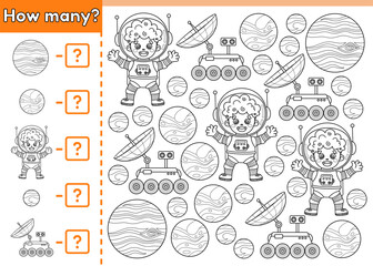 Counting game for kids. Math game. How many space objects. Count cartoon astronauts boy, lunar rovers and planets. Educational worksheet for children. Vector outline. Perfect for coloring book.
