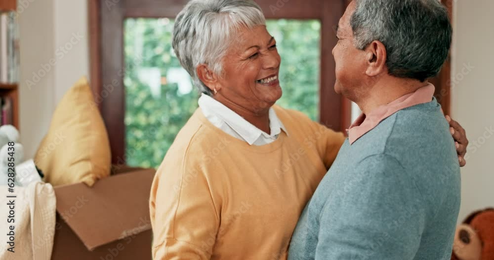 Sticker Senior couple dance in home with love, care and fun quality time together in retirement. Happy old man, elderly woman and dancing for romance, celebration and support of loyalty, trust and marriage