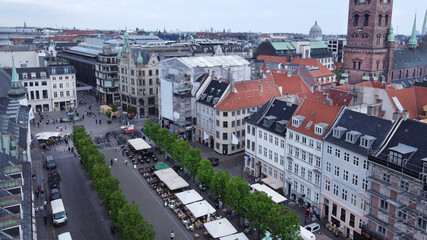 Fototapeta na wymiar Aerial view on Caritas fountain of Statius Otto in Copenhagen (people in distance)