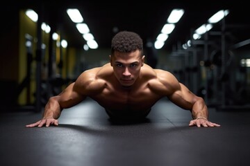 Fototapeta na wymiar rearview shot of a young man doing pushups at the gym