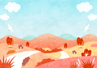 Fototapeta na wymiar 紅葉した秋の山道と青空の風景 自然あふれる水彩背景イラスト