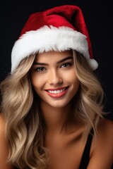Smiling woman wearing Santa Claus hat. Generative AI
