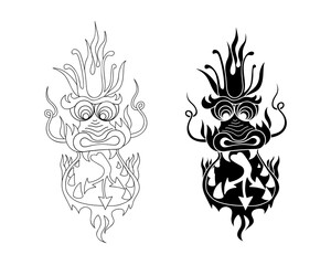 Hand Drawn Dragon Head silhouette. Chinese dragon new Year. Black and white Traditional Japanese dragon. Cartoon style vector illustration.
