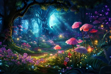a garden with glowing shiny flowers and magic flowers | Generative AI