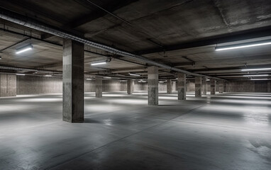 Empty underground garage with glowing lamps in apartments building or supermarket. Underground garage or modern parking lot with lots of places for vehicles