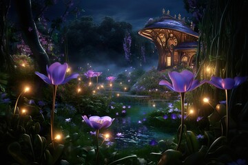 Obraz na płótnie Canvas a garden with glowing shiny flowers and magic flowers | Generative AI
