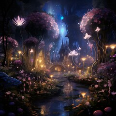 a garden with glowing shiny flowers and magic flowers | Generative AI