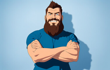 Naklejka premium Man with a long beard and mustache in a blue t-shirt. Generative AI