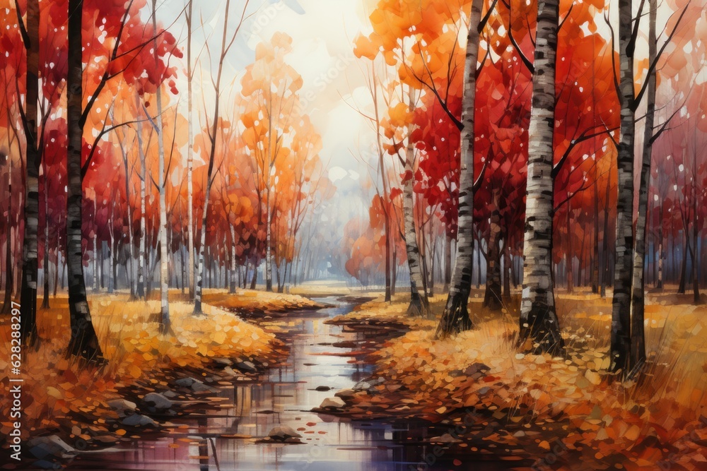 Poster a painting of a stream running through a forest. digital image. hello autumn card design.