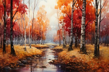 A painting of a stream running through a forest. Digital image. Hello Autumn card design.