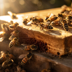 Wooden hive with bees flying at sunset. Bees at the entrance of a wooden beehive. Bees in macro shot working on honey production. Realistic 3D illustration. Generative AI - obrazy, fototapety, plakaty