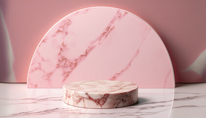 Pink Luxury beauty product podium stage and nature table, marble textured round podium, granite material neutral aesthetic interior scene for cosmetic product placement, 3d room with podium stone.