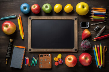 School supplies for students. Chalkboard, pencils, crayons and apples