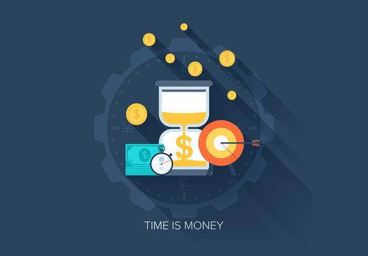 Abstract vector illustration of flat and colorful time is money concept with long shadow. Design elements for web and mobile applications.