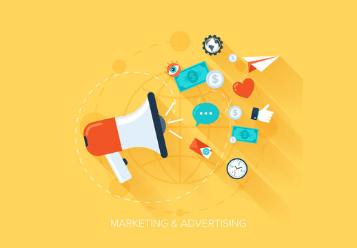 Abstract vector illustration of flat and colorful marketing and advertising concept with long shadow. Design elements for web and mobile applications.