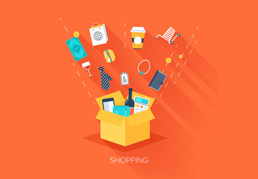 Abstract vector illustration of flat and colorful shopping concept with long shadow. Design elements for web and mobile applications.