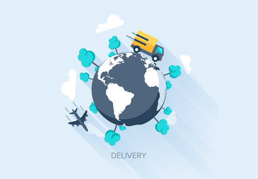 Abstract vector illustration of flat and colorful delivery concept with long shadow. Design elements for web and mobile applications.