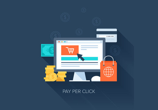 Abstract vector illustration of flat and colorful pay per click concept with long shadow. Design elements for web and mobile applications.