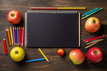 School supplies for students. Chalkboard, pencils, crayons and apples