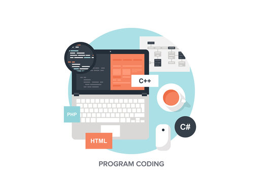 Abstract flat vector illustration of software coding and development concept. Design elements for mobile and web applications.