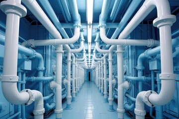 A very long hallway with lots of pipes. Digital image. High tech plumbing infrastructure.