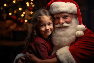 Obraz premium Cute and ruddy Santa Claus holds a 4 year old kid in his arms. Generative AI