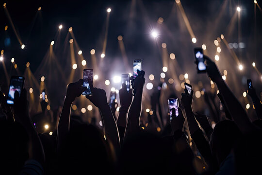 A crowd of people at a live event, concert or party holding hands and smartphones up. Generative AI