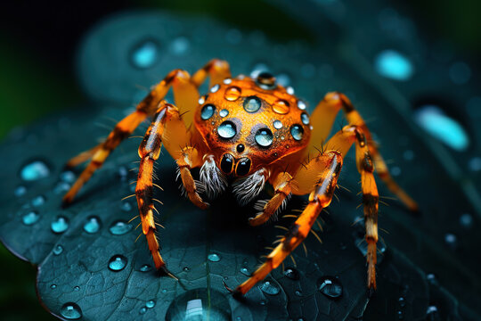 Orange spider on blue leaf with water drops in wildlife, macro view
