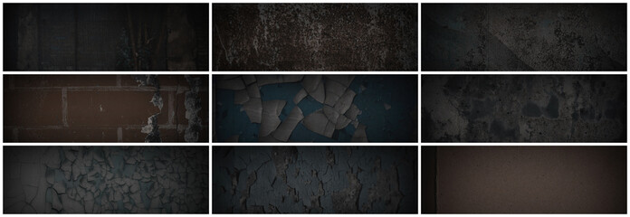 Set of dark panoramic background textures. Collection of wide textures with peeling paint, cracks,...