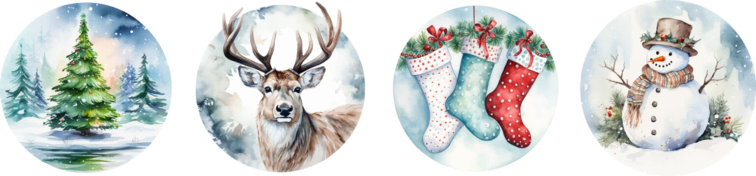 watercolor illustration of christmas tree, snowman, stockings, reindeer on circle shaped background