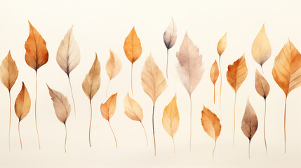 Dried Fall and Autumn Leaves and Branches in Watercolor Style on Light Cream and Beige Background - Generative AI