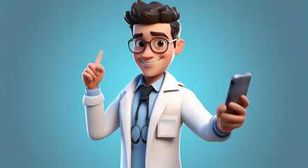 3d doctor character holding a phone to make a gesture, in the style of object portraiture specialist, realistic, spot metering, flat areas of color, high resolution