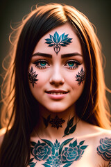 Naklejka na ściany i meble Portrait of a beautiful young woman with tattoo on her body and face. Generative AI.