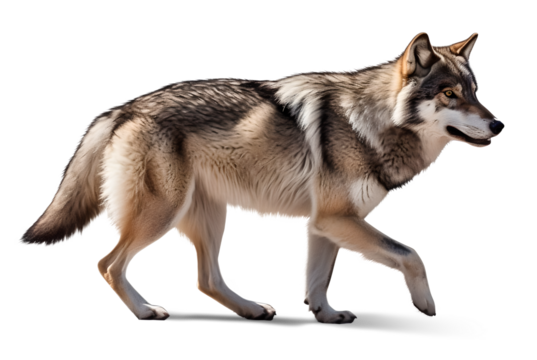 wolf walking side profile view on isolated background