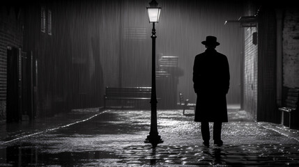 man under the rain with an umbrella in a dark street - generative AI