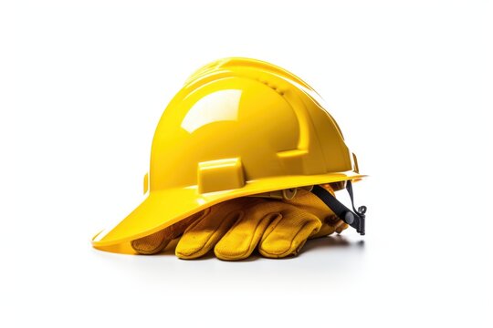 yellow helmet with gloves on a white background