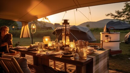 Dinner at sunset at the glamping site