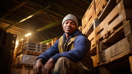 Fototapeta na wymiar An African-American man sits in a delivery warehouse