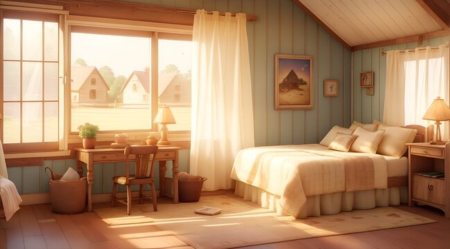  Light farmhouse bedroom interior background, 3d render - Photography with a 35mm lens.