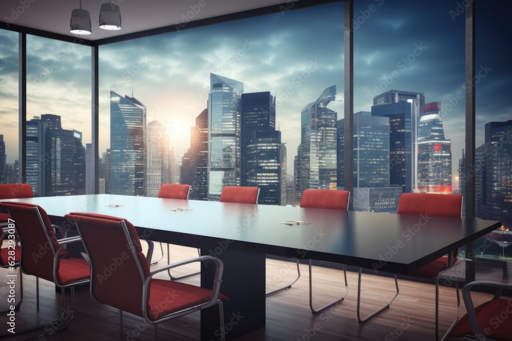 Poster a conference table with red chairs in front of a large window. digital image.