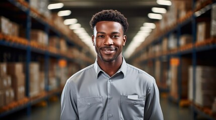A happy African-American worker in the warehouse